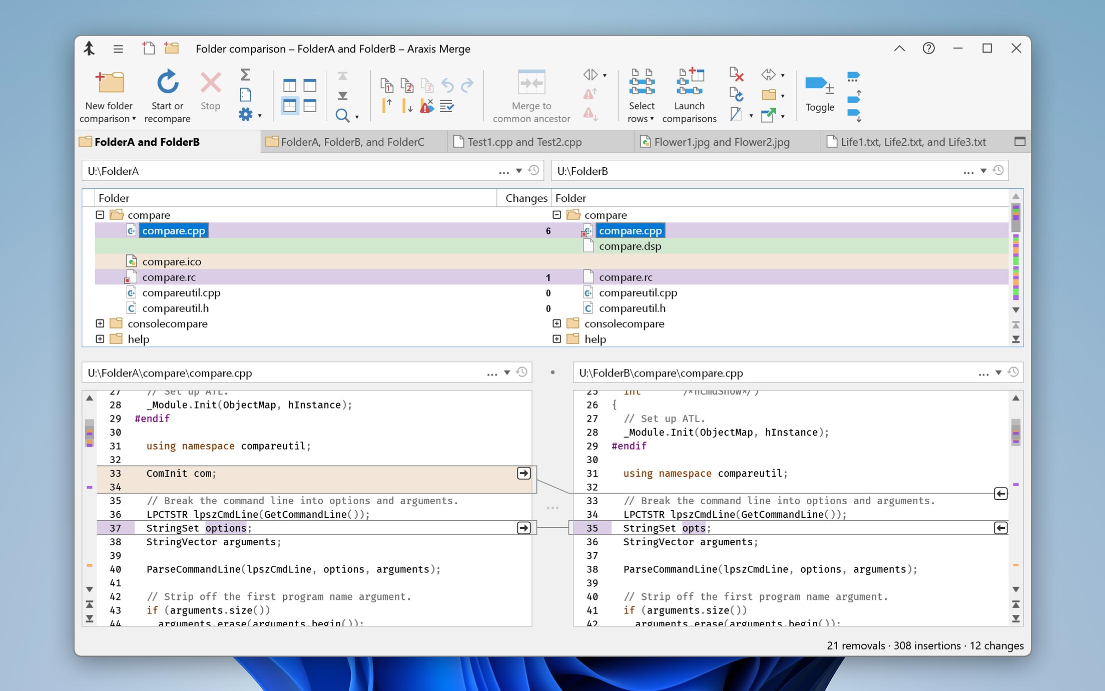 Two-way folder comparison with text comparison (Merge for Windows)