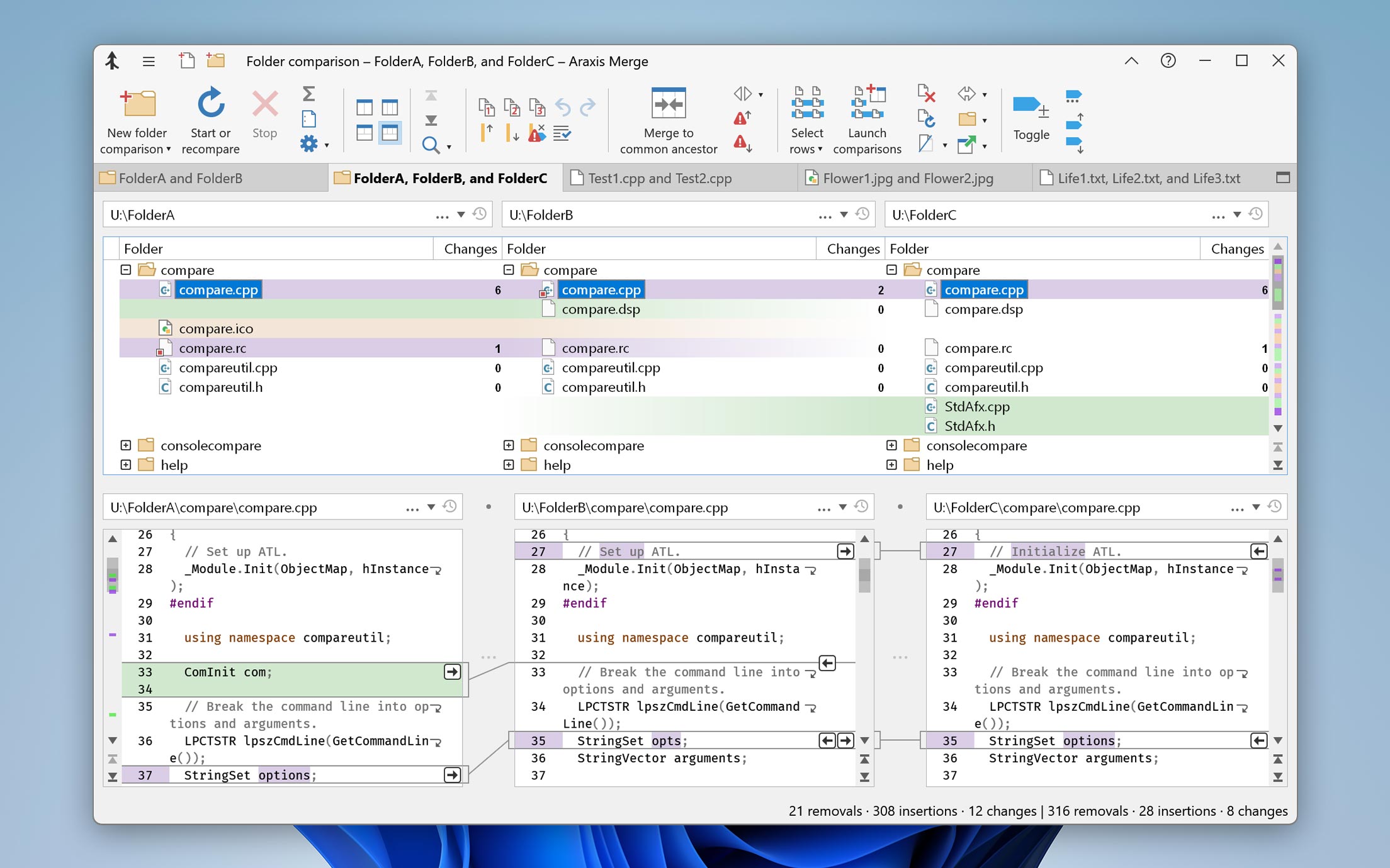 Three-way folder comparison with text comparison (Merge for Windows)